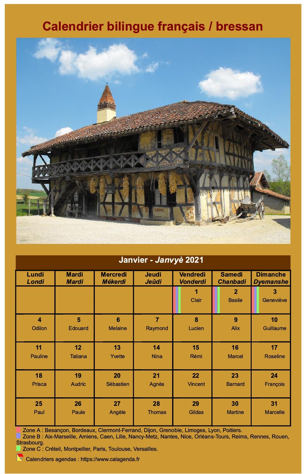 Calendrier mensuel 2021 en patois bressan Calendrier mensuel 2021 en patois bressan