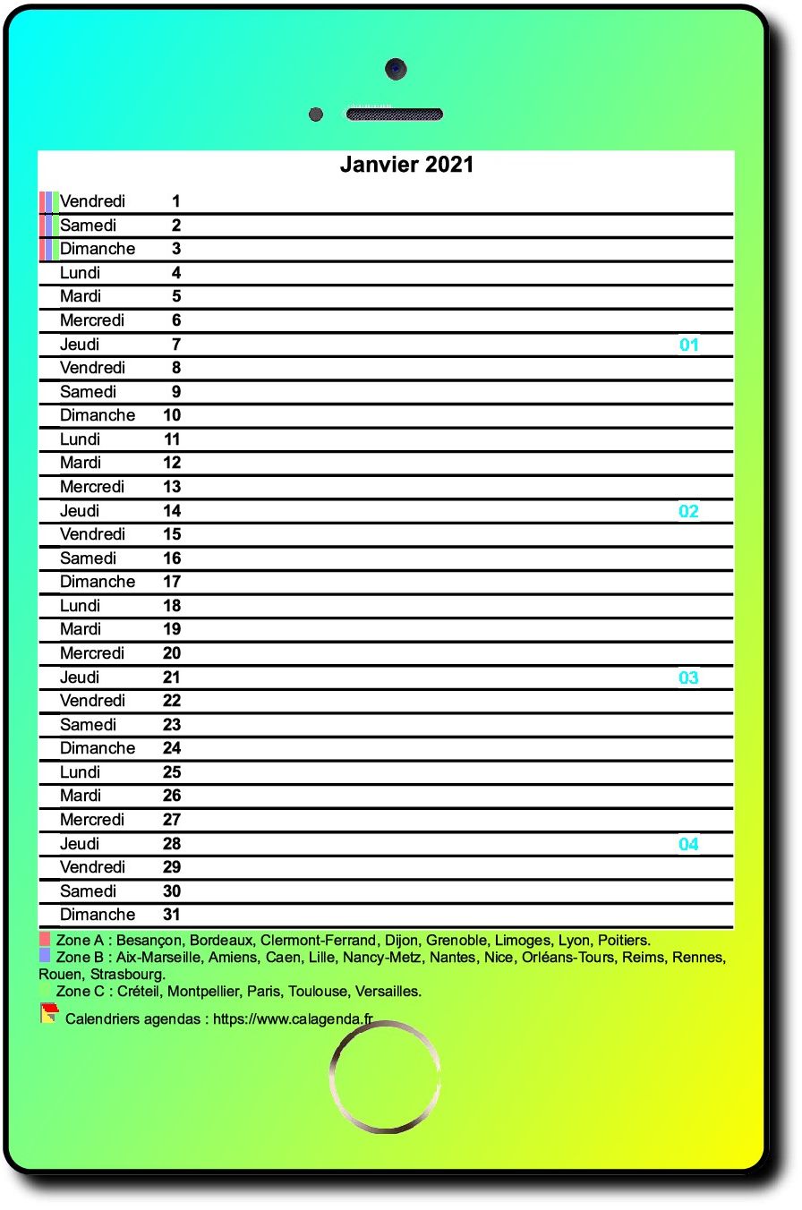 Calendrier mensuel 2021, style iPhone