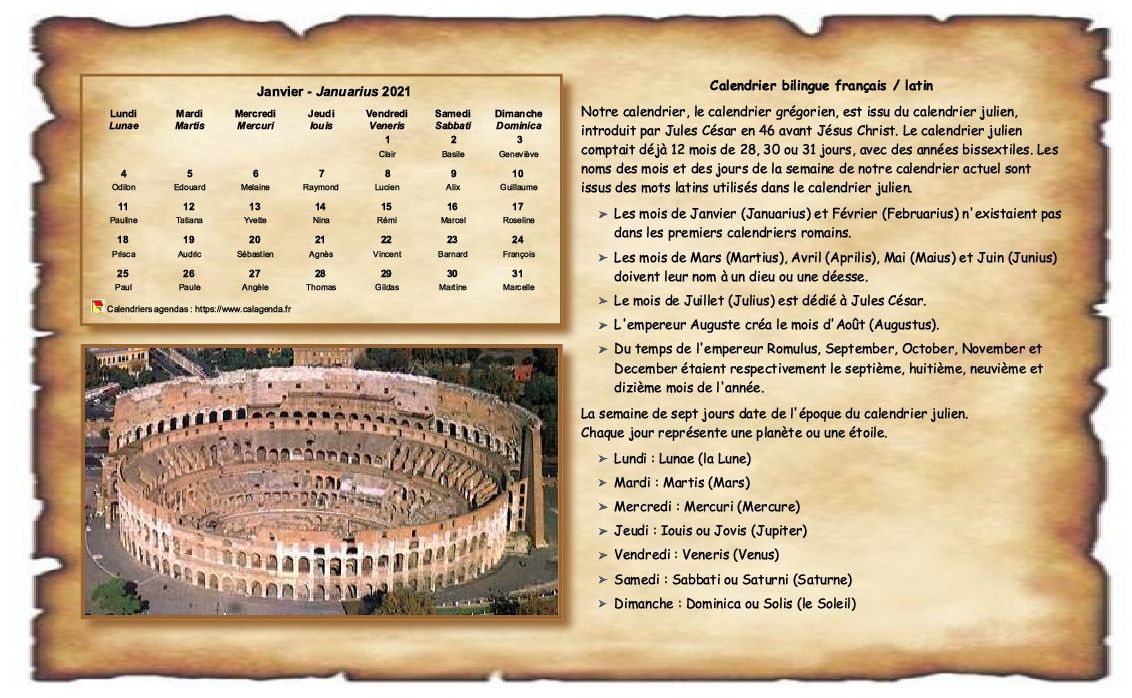 Calendrier mensuel 2021 latin