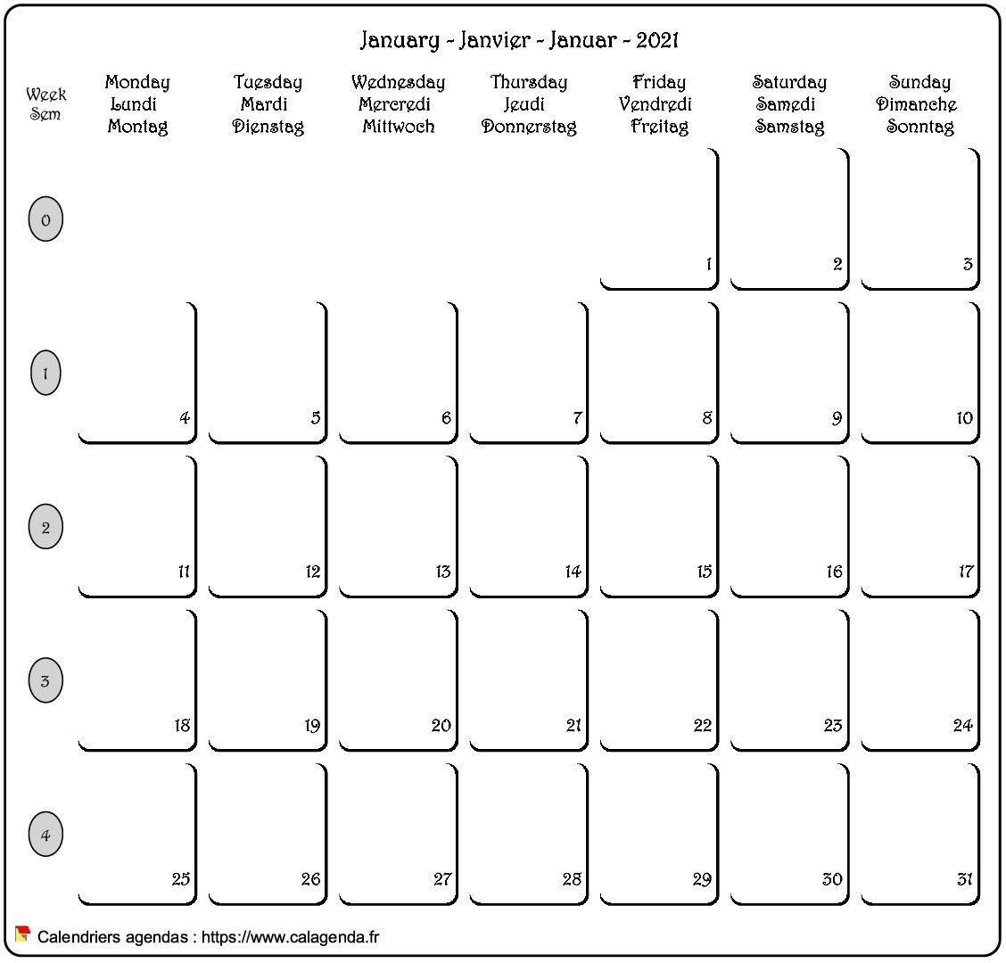 Calendrier mensuel 2021 français / anglais / allemand.