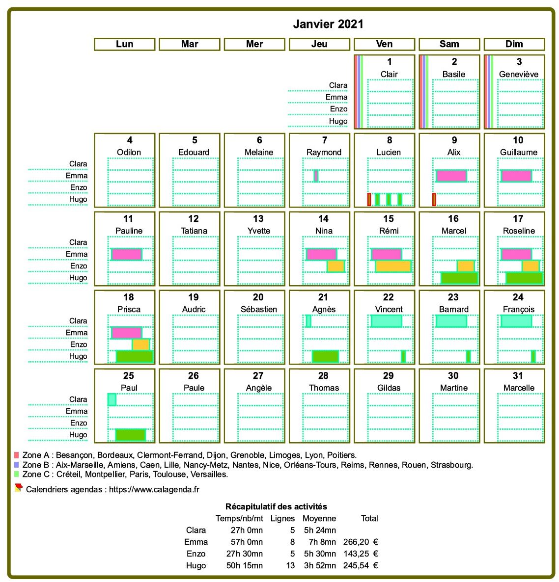 Calendrier planning mensuel détaillé
