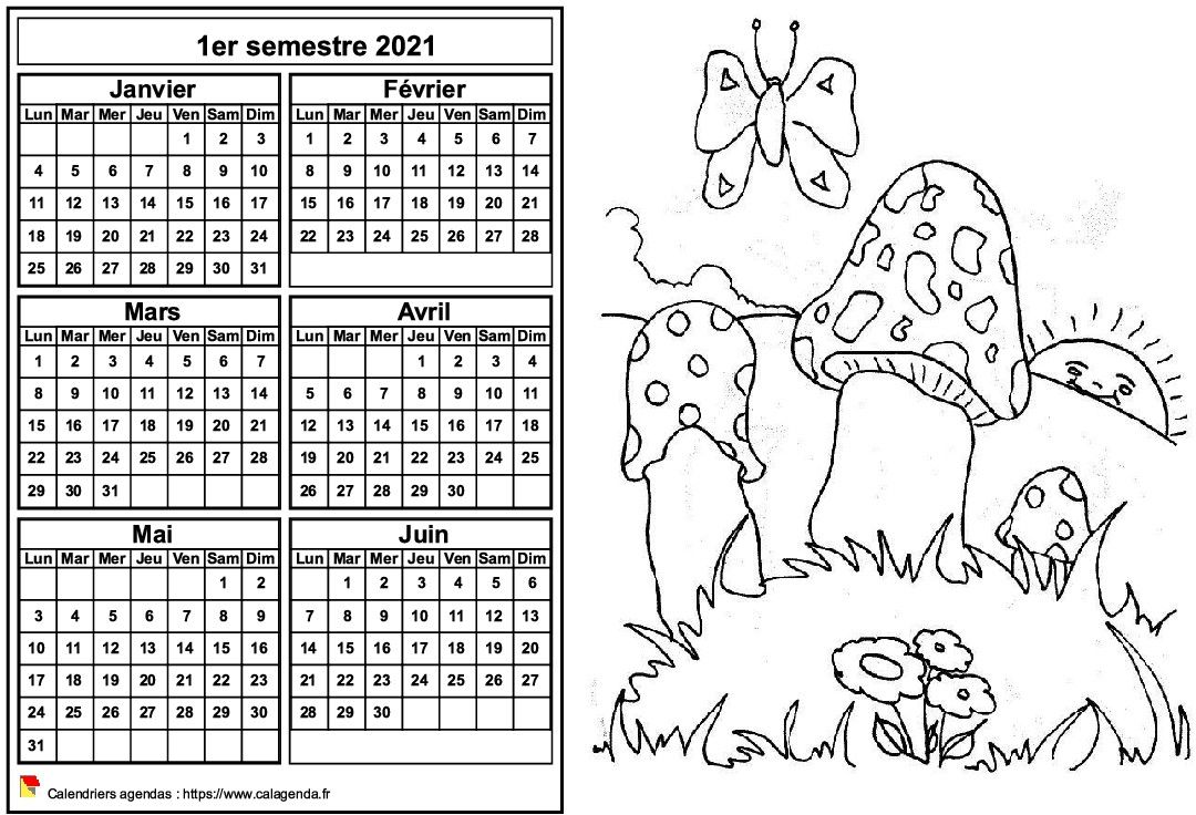 Calendrier 2021 à colorier semestriel, format paysage, pour enfants