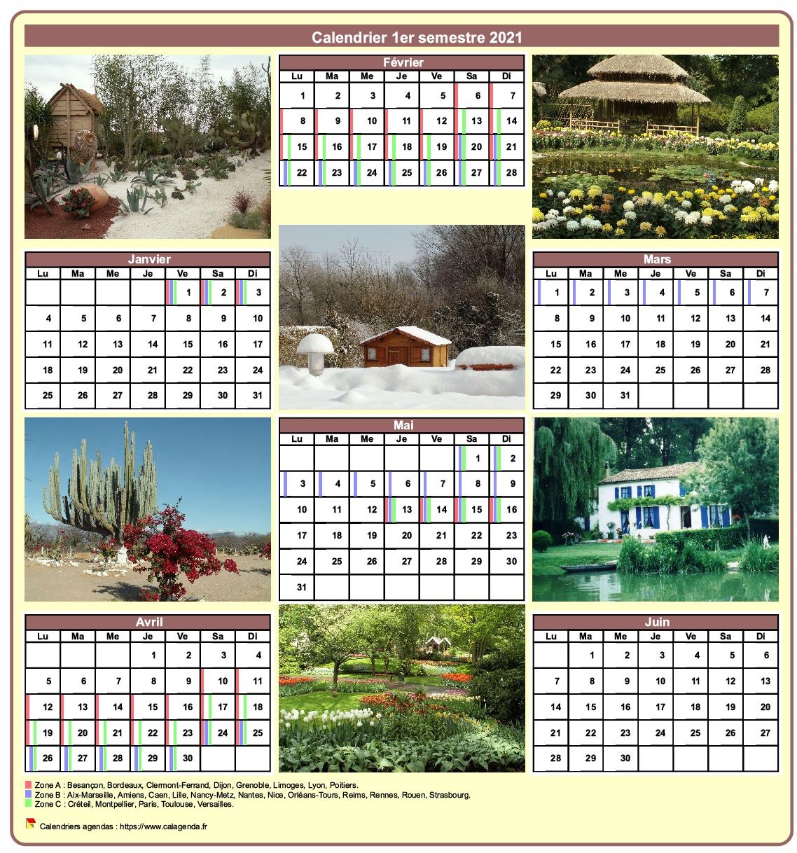 Calendrier 2021 semestriel avec une photo différente chaque mois