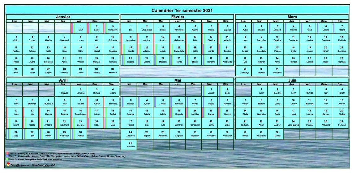 Calendrier 2021 à imprimer semestriel, format portrait, avec photo en fond de calendrier