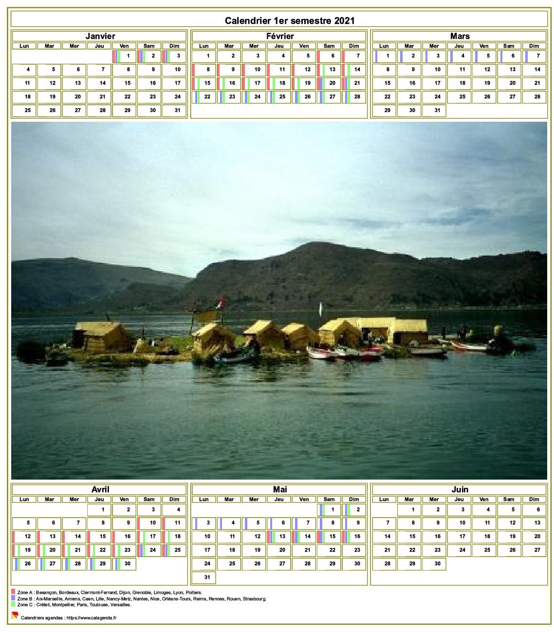 Modèle par défaut du calendrier agenda semestriel, avec photographie au centre Modèle par défaut du calendrier agenda semestriel, avec photographie au centre