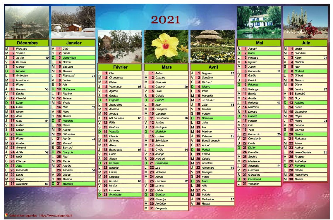 Calendrier 2021 de sept mois avec photos