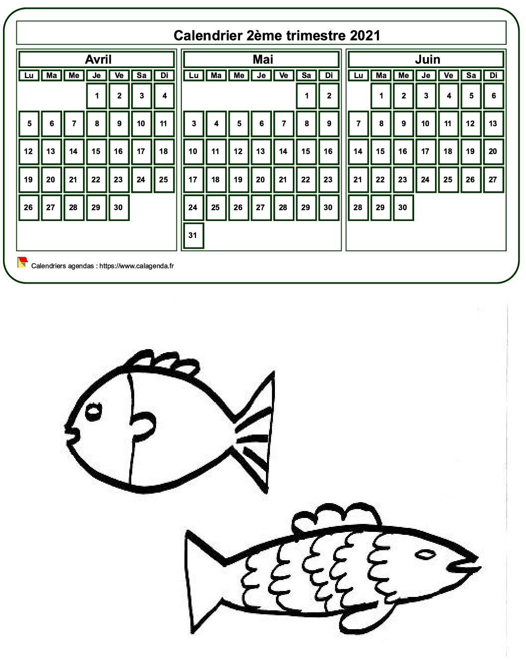 Calendrier 2021 à colorier trimestriel vierge, format portrait, pour enfants