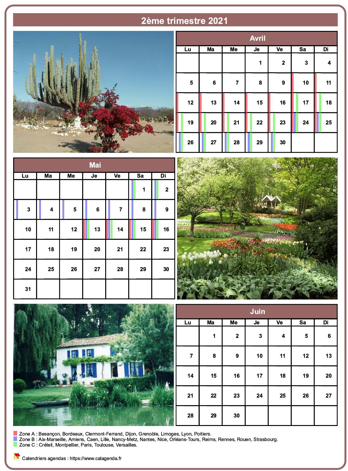 Calendrier 2021 trimestriel avec une photo différente chaque mois