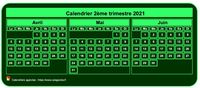 Calendrier 2021 à imprimer trimestriel, format mini de poche, fond vert