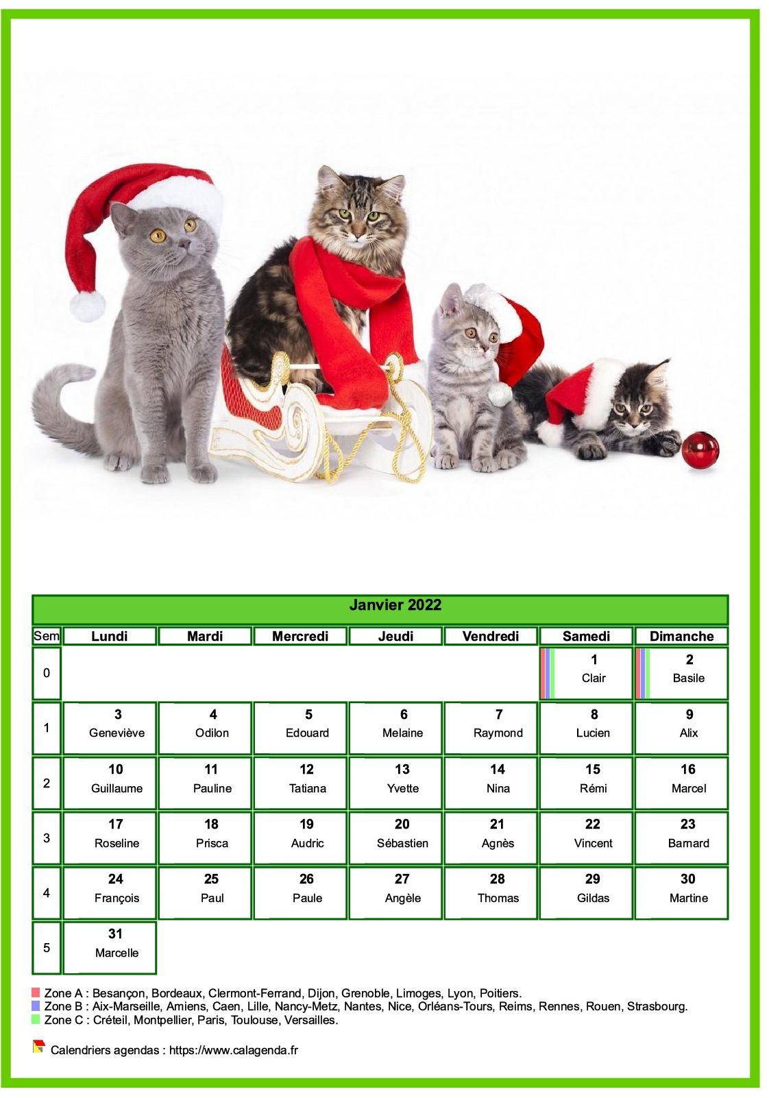 Calendrier janvier 2022 chats
