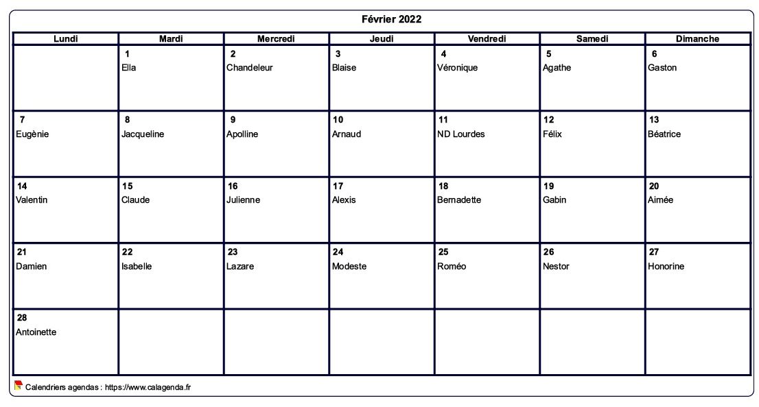 Calendrier février 2022 à imprimer vierge, avec les fêtes