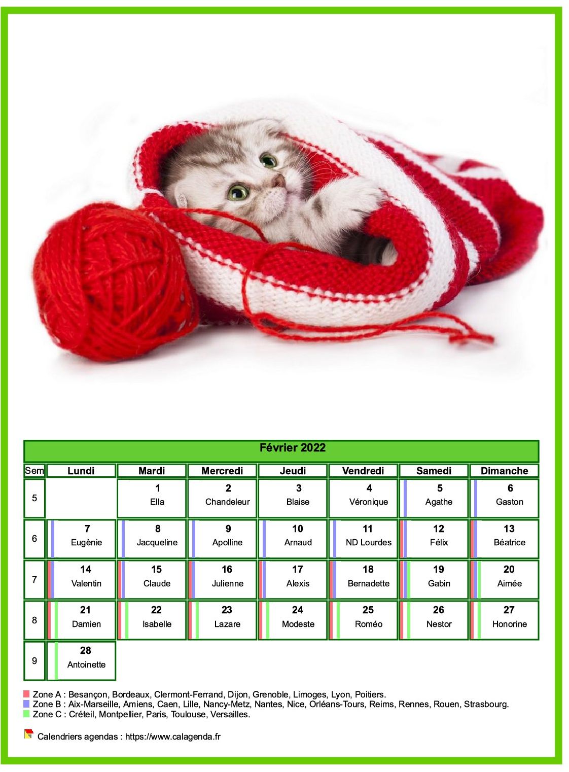 Calendrier février 2022 chats