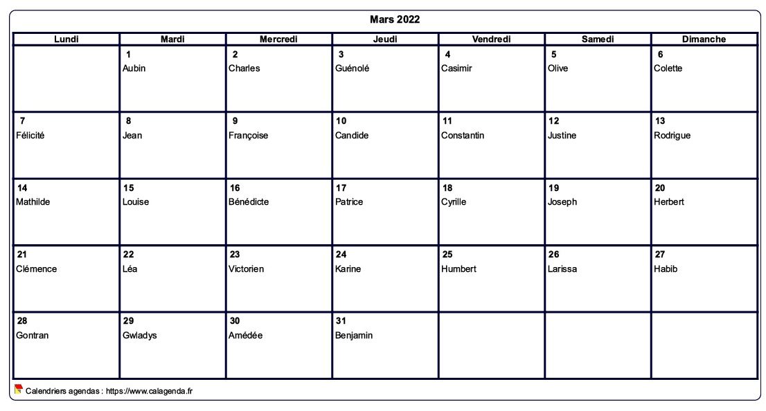 Calendrier mars 2022 à imprimer vierge, avec les fêtes