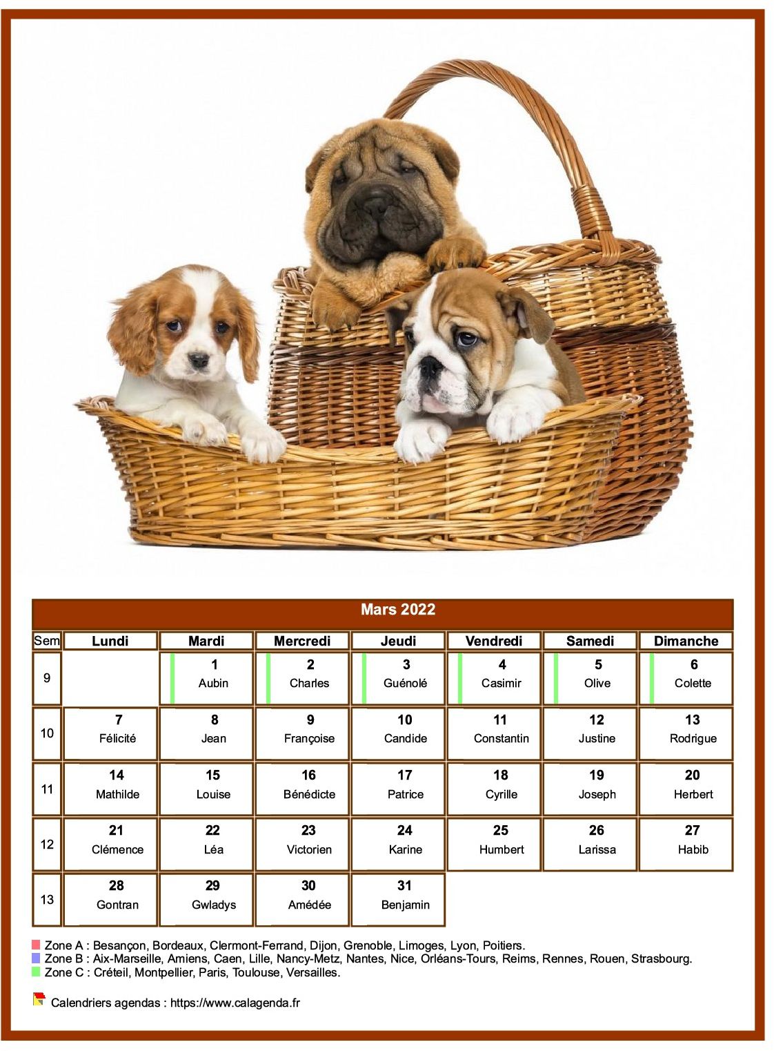 Calendrier mars 2022 chiens