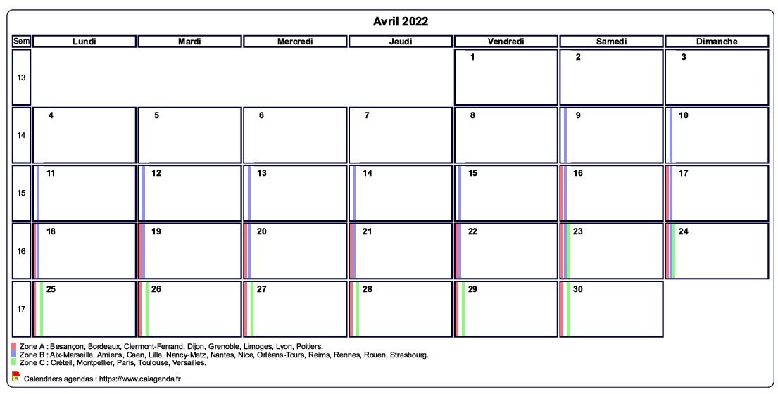 Calendrier avril 2022 personnalisable avec les vacances scolaires