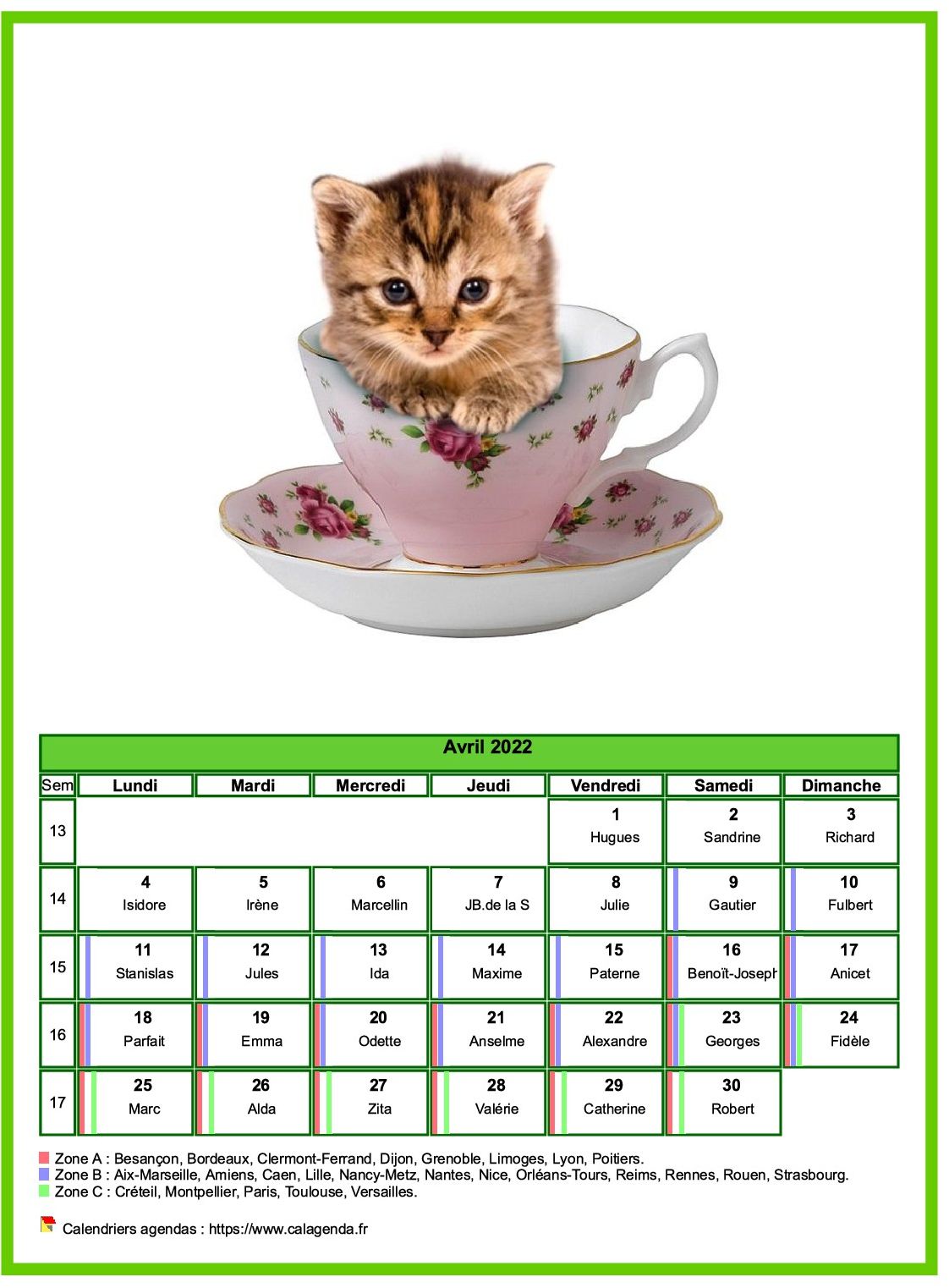 Calendrier avril 2022 chats