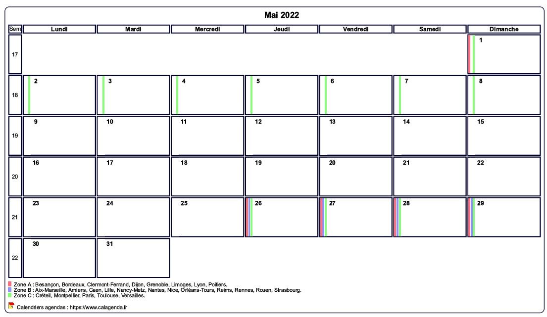 Calendrier mai 2022 personnalisable avec les vacances scolaires