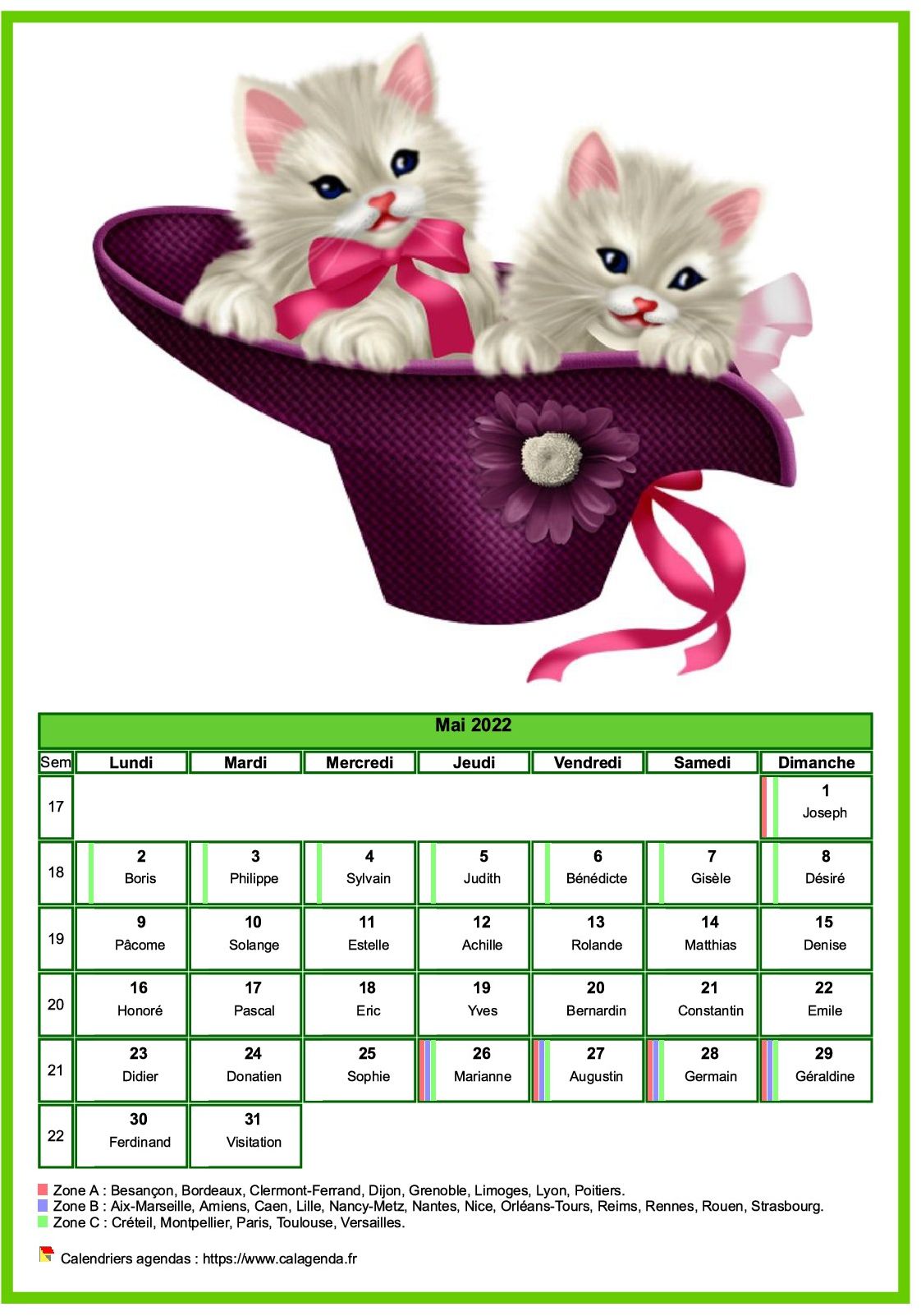 Calendrier mai 2022 chats