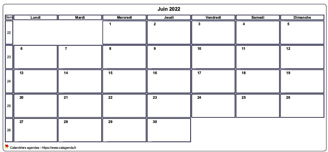 Calendrier juin 2022 personnalisable avec les vacances scolaires