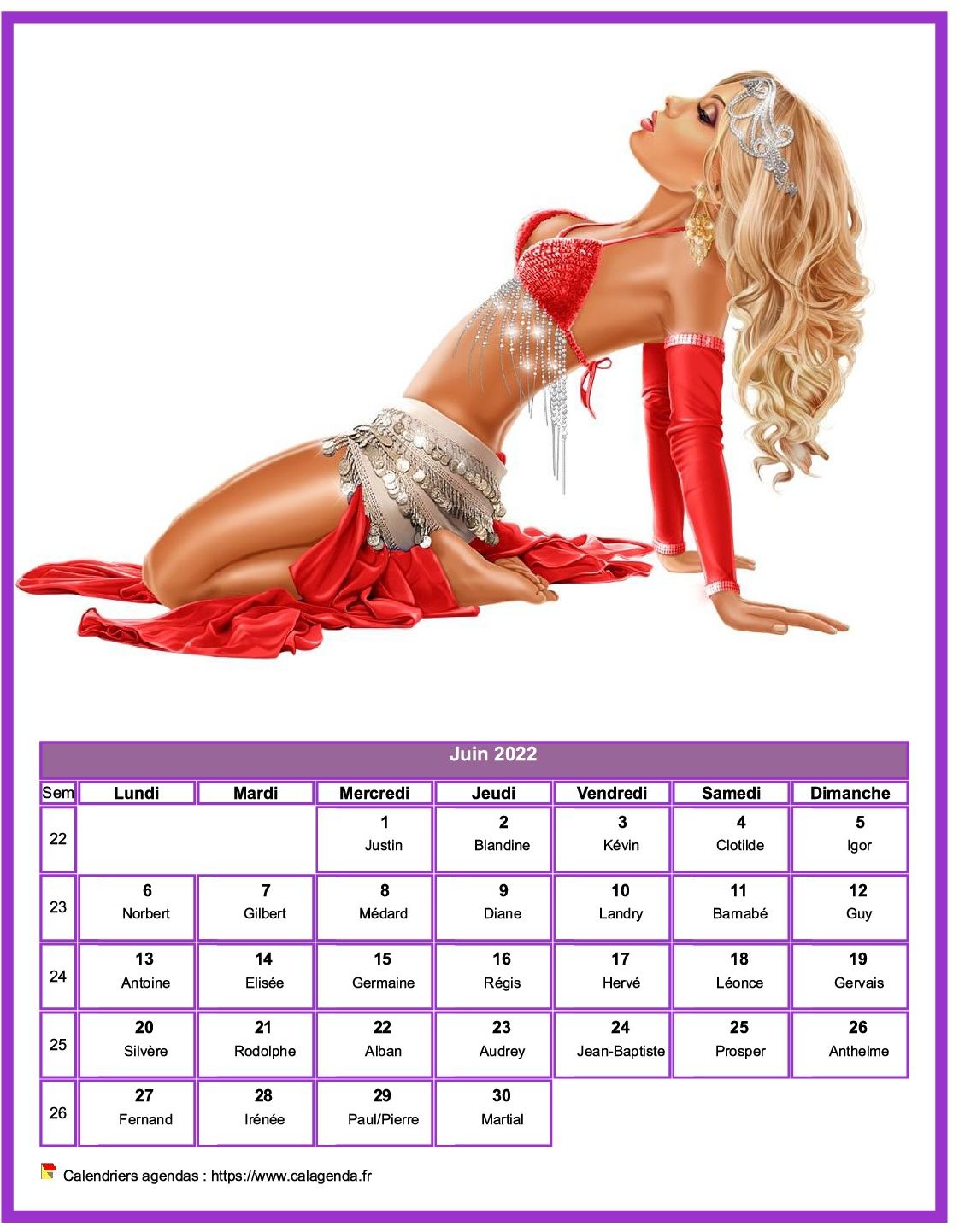 Calendrier juin 2022 femmes