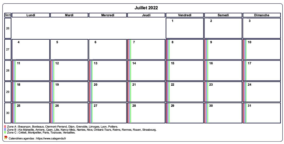 Calendrier juillet 2022 personnalisable avec les vacances scolaires