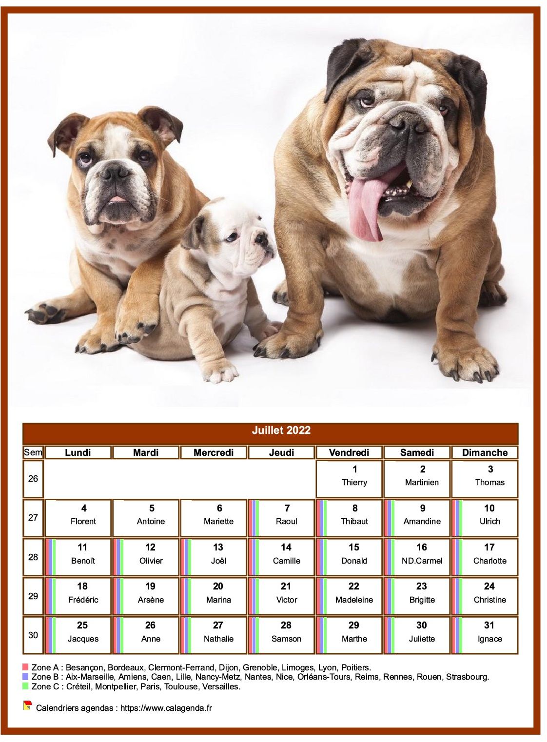 Calendrier juillet 2022 chiens