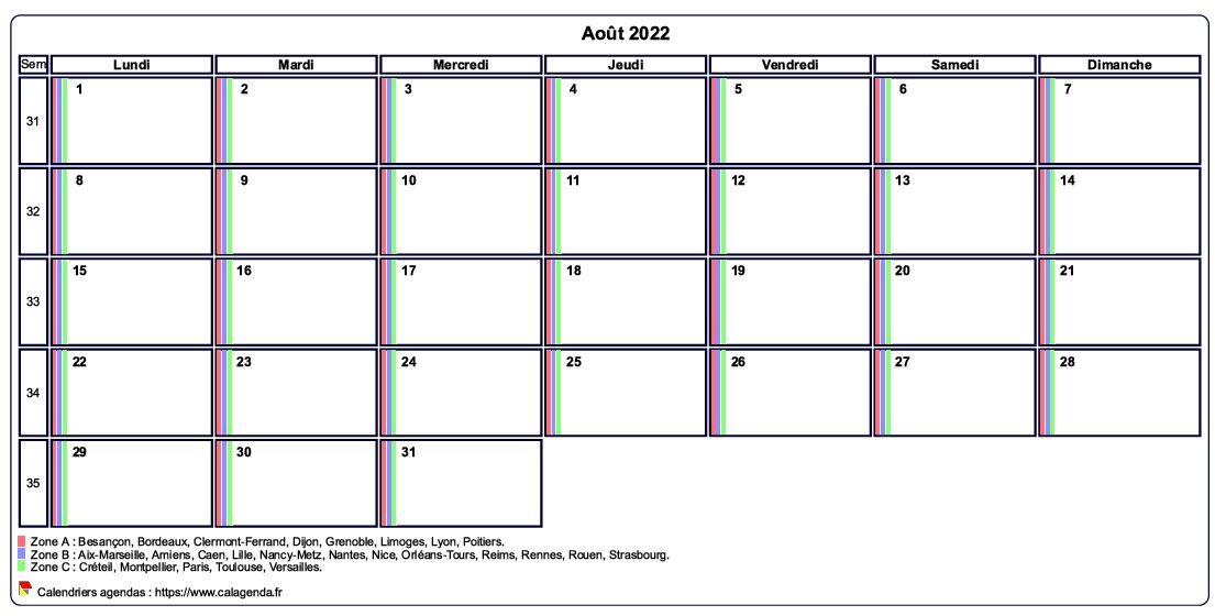 Calendrier août 2022 personnalisable avec les vacances scolaires