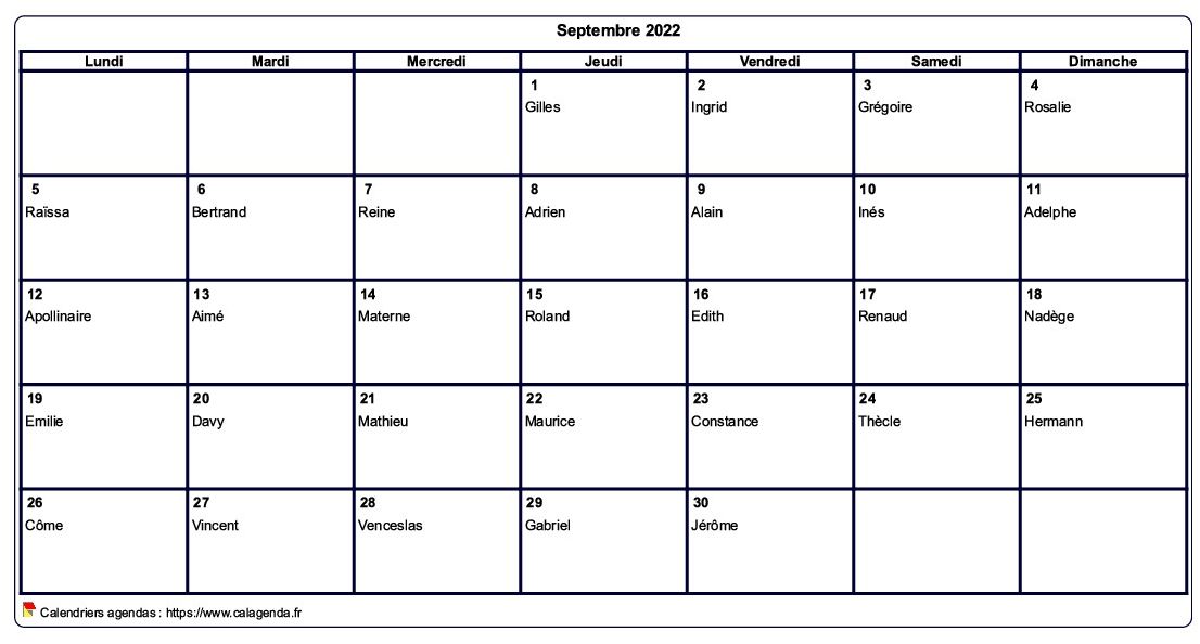 Calendrier septembre 2022 à imprimer vierge, avec les fêtes Calendrier septembre 2022 à imprimer vierge, avec les fêtes