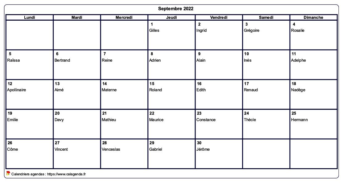 Calendrier septembre 2022 à imprimer vierge, avec les fêtes