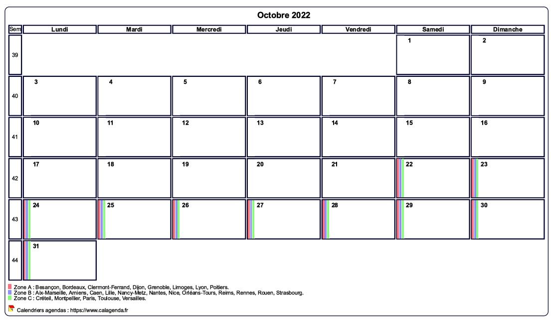 Calendrier octobre 2022 personnalisable avec les vacances scolaires
