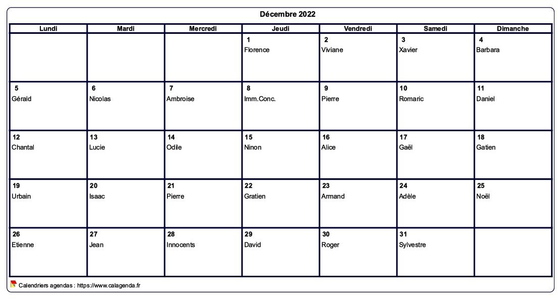 Calendrier décembre 2022 à imprimer vierge, avec les fêtes