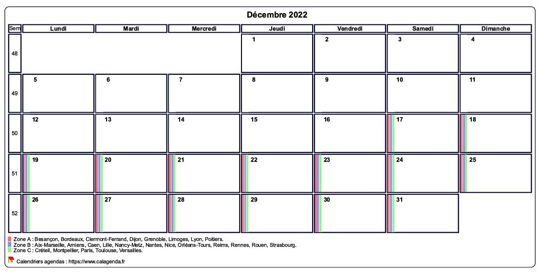 Calendrier décembre 2022 personnalisable avec les vacances scolaires Calendrier décembre 2022 personnalisable avec les vacances scolaires