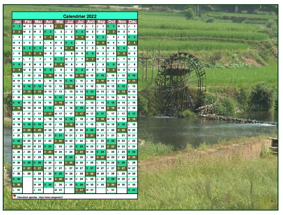 Calendrier 2022 annuel à imprimer, une colonne par mois, format paysage, placé sur une photographie Calendrier 2022 annuel à imprimer, une colonne par mois, format paysage, placé sur une photographie