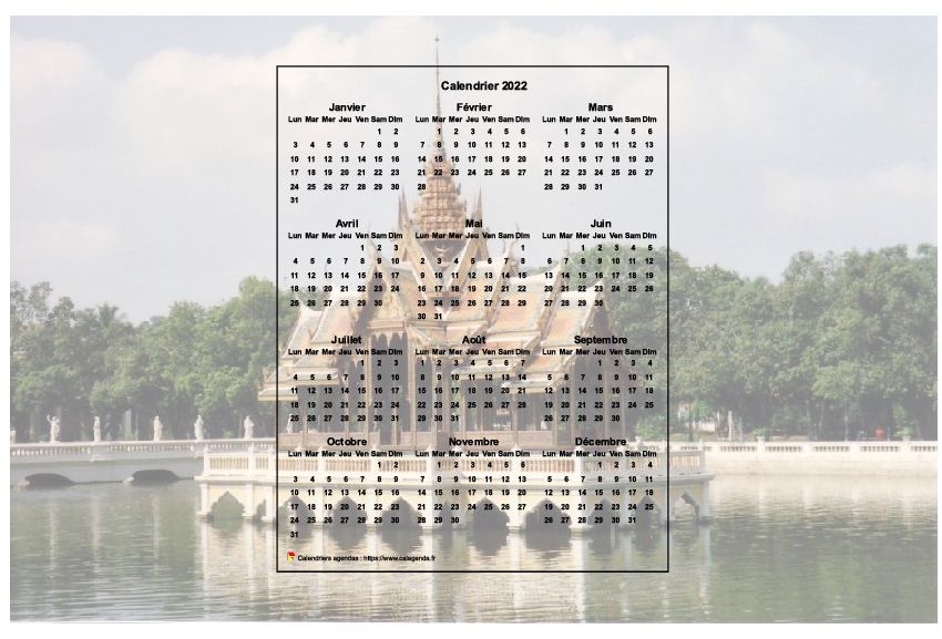Calendrier 2022 annuel à imprimer, format paysage, une ligne par trimestre, incrusté au centre d'une photo Calendrier 2022 annuel à imprimer, format paysage, une ligne par trimestre, incrusté au centre d'une photo