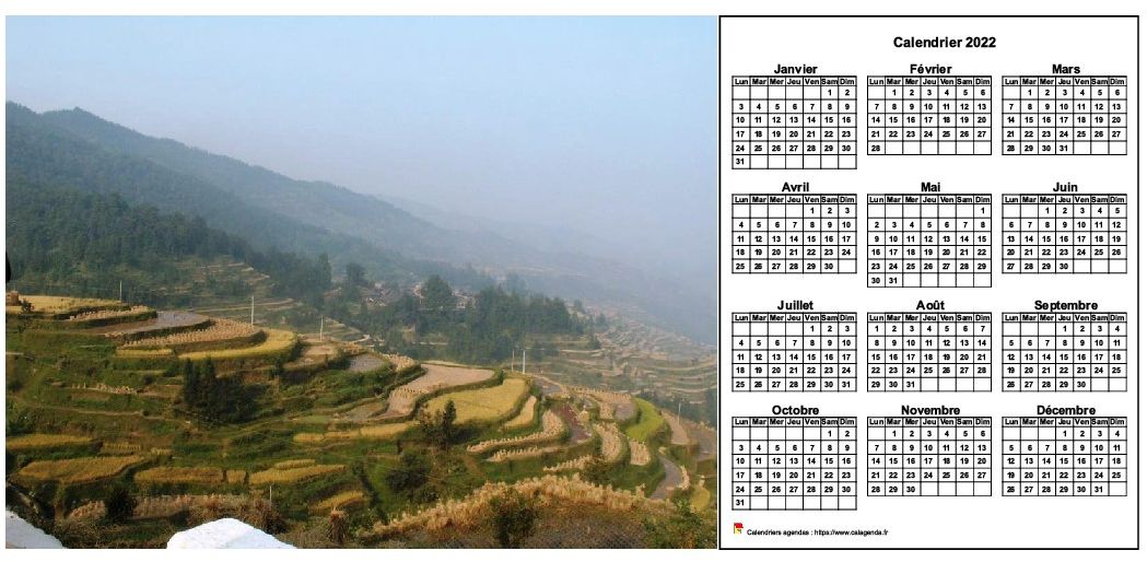 Calendrier 2022 annuel à imprimer, format paysage, une ligne par trimestre, à droite d'une photo Calendrier 2022 annuel à imprimer, format paysage, une ligne par trimestre, à droite d'une photo