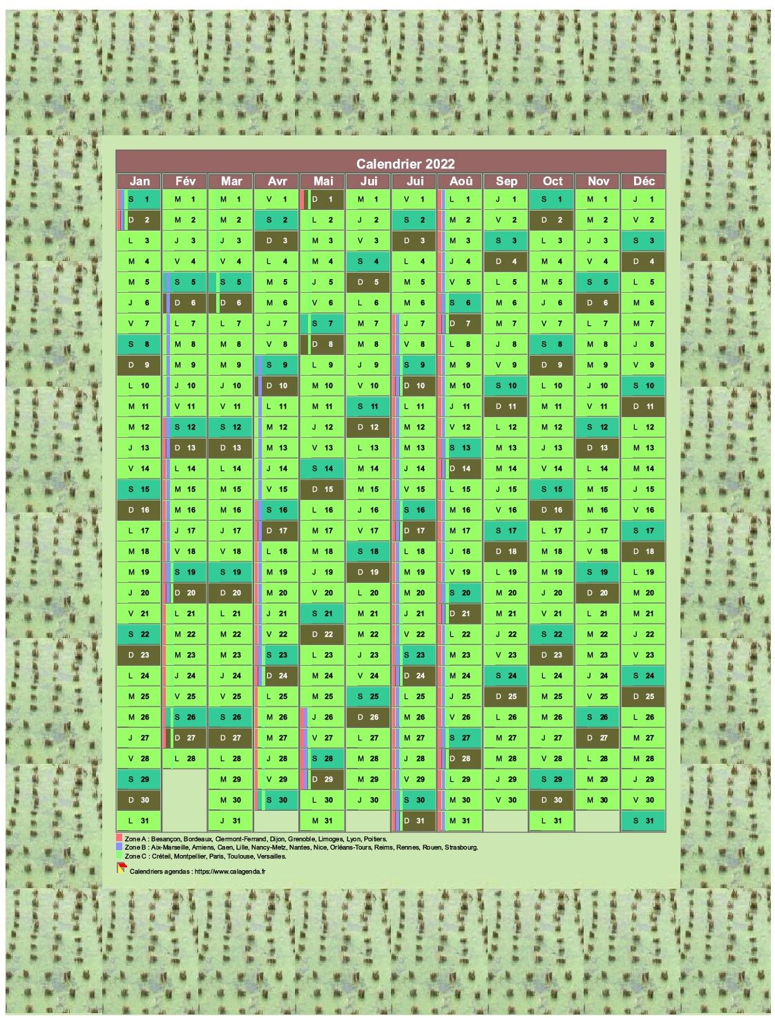 Calendrier 2022 annuel décoratif, 12 colonnes, cadre photo vert, avec les vacances scolaires