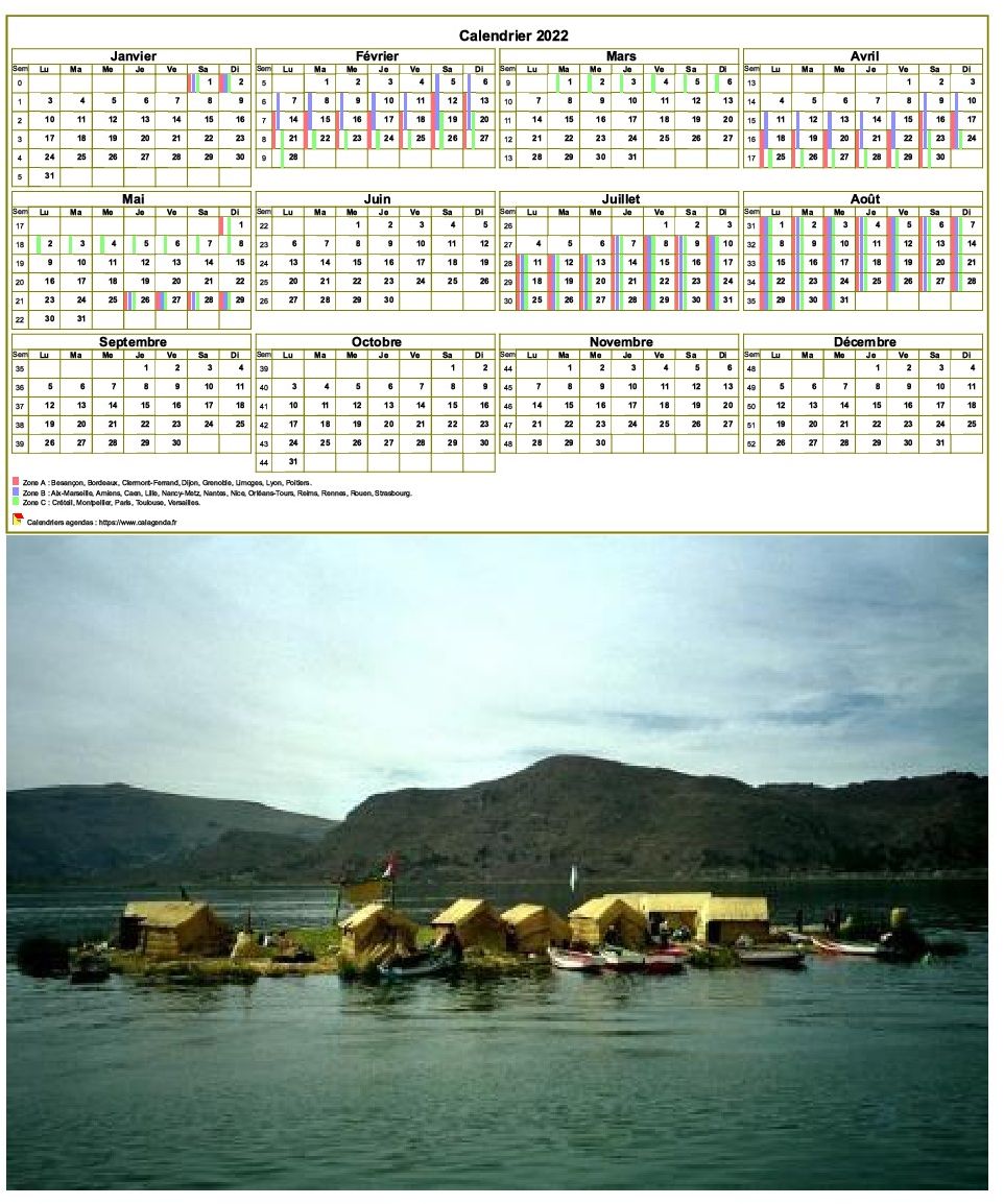 Calendrier 2022 annuel, 4 colonnes, 3 lignes, format portrait avec photo