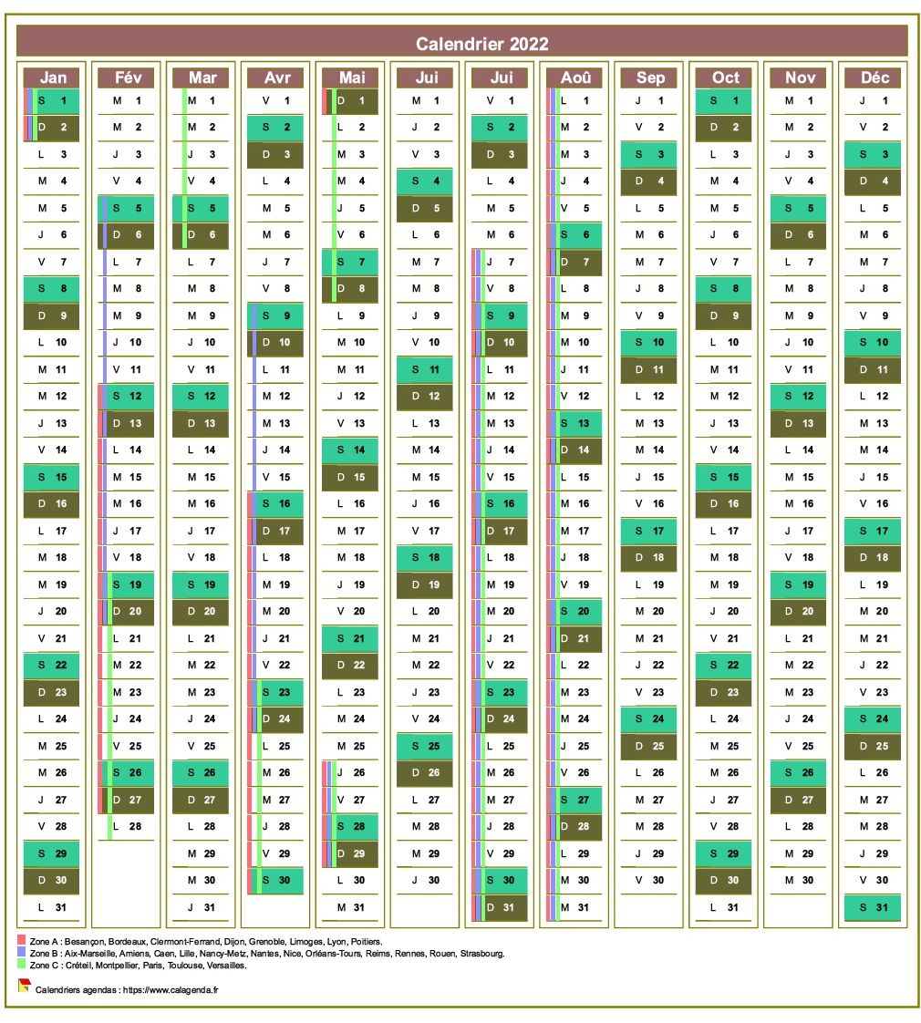 Calendrier 2022 annuel de 12 colonnes, avec agenda synthétique Calendrier 2022 annuel de 12 colonnes, avec agenda synthétique