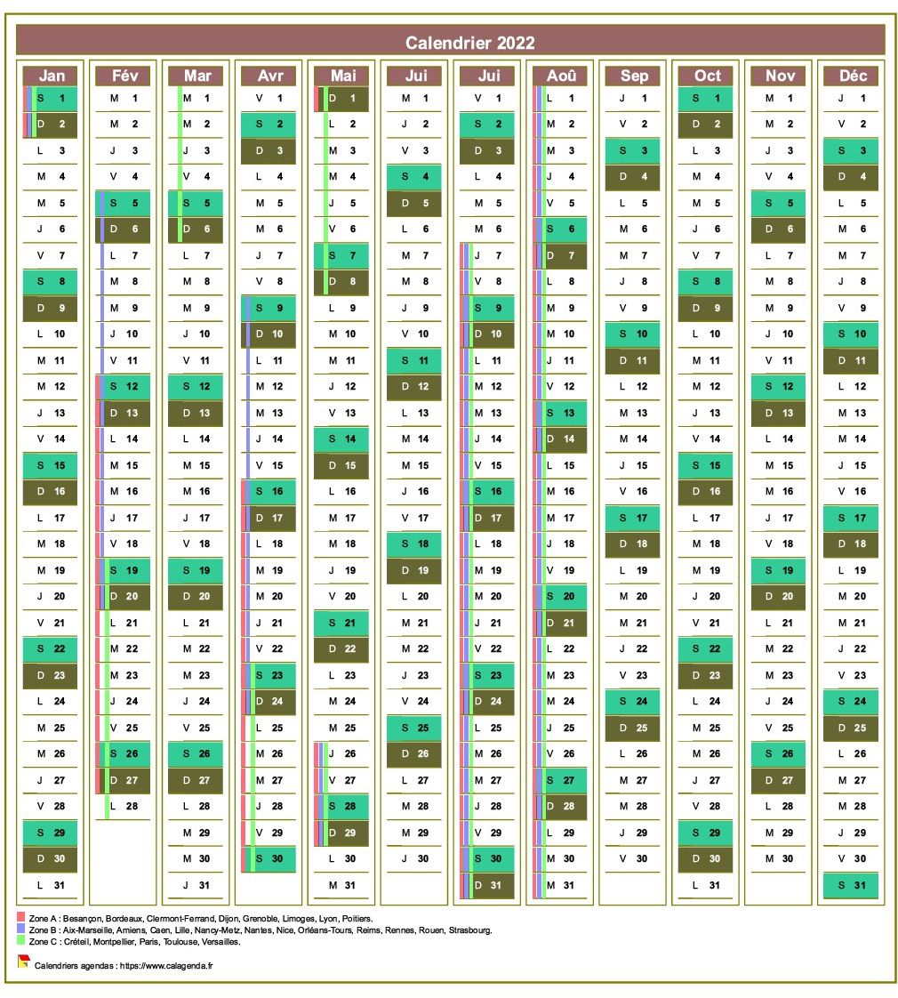 Calendrier 2022 annuel de 12 colonnes, avec agenda synthétique