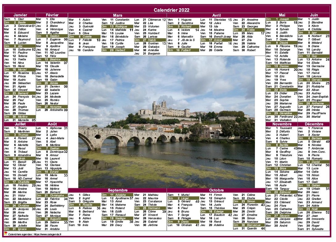 Calendrier Ponts 2022 Calendrier 2022 annuel paysage style postes