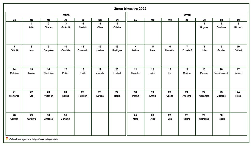 Calendrier 2022 bimestriel, format paysage, avec les fêtes