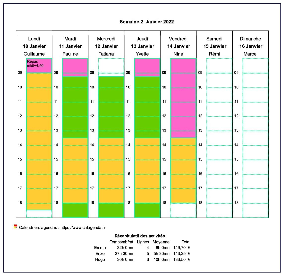 Calendrier planning horizontal hebdomadaire