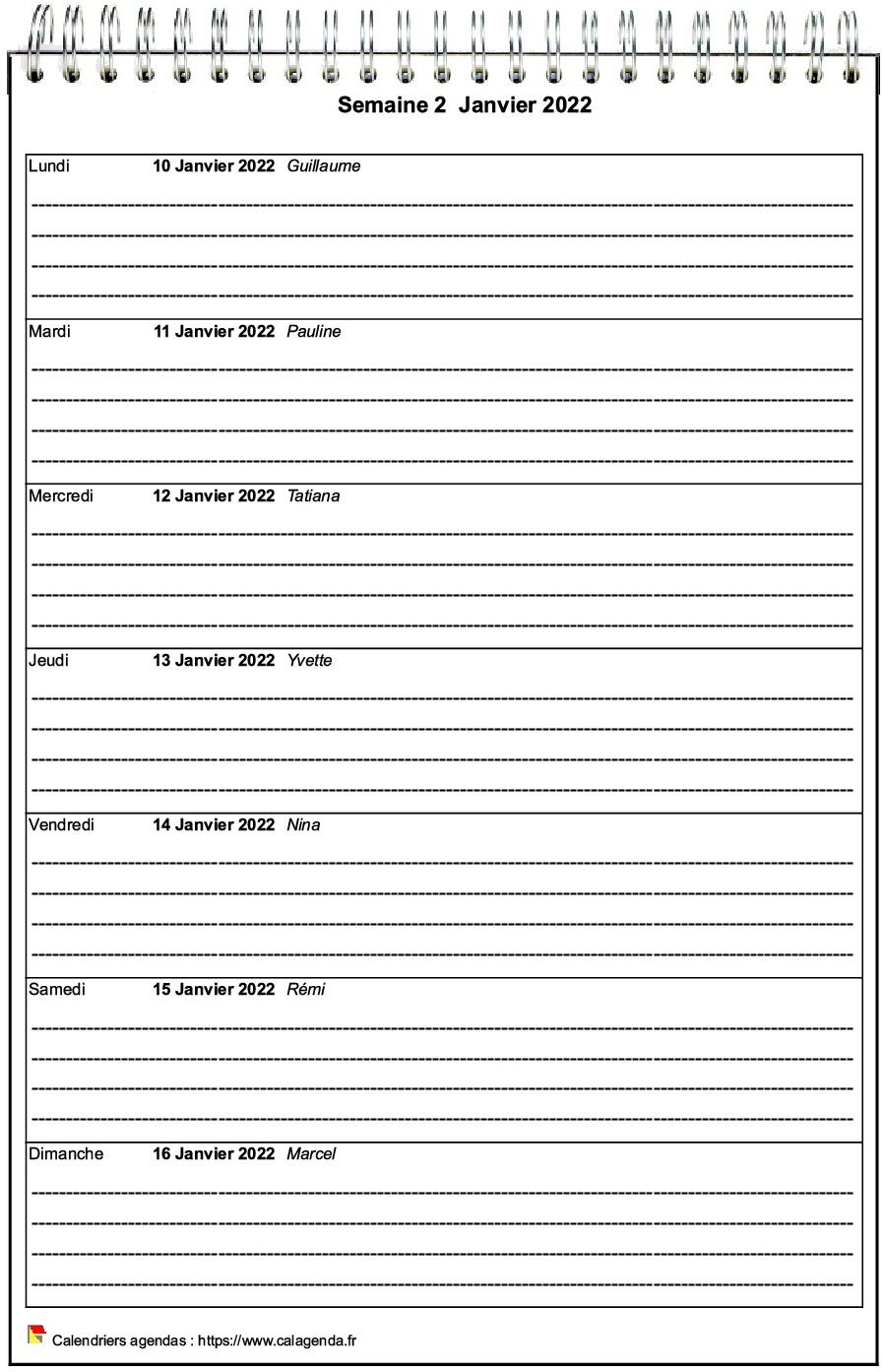 Calendrier hebdomadaire à imprimer de format portrait Calendrier hebdomadaire à imprimer de format portrait