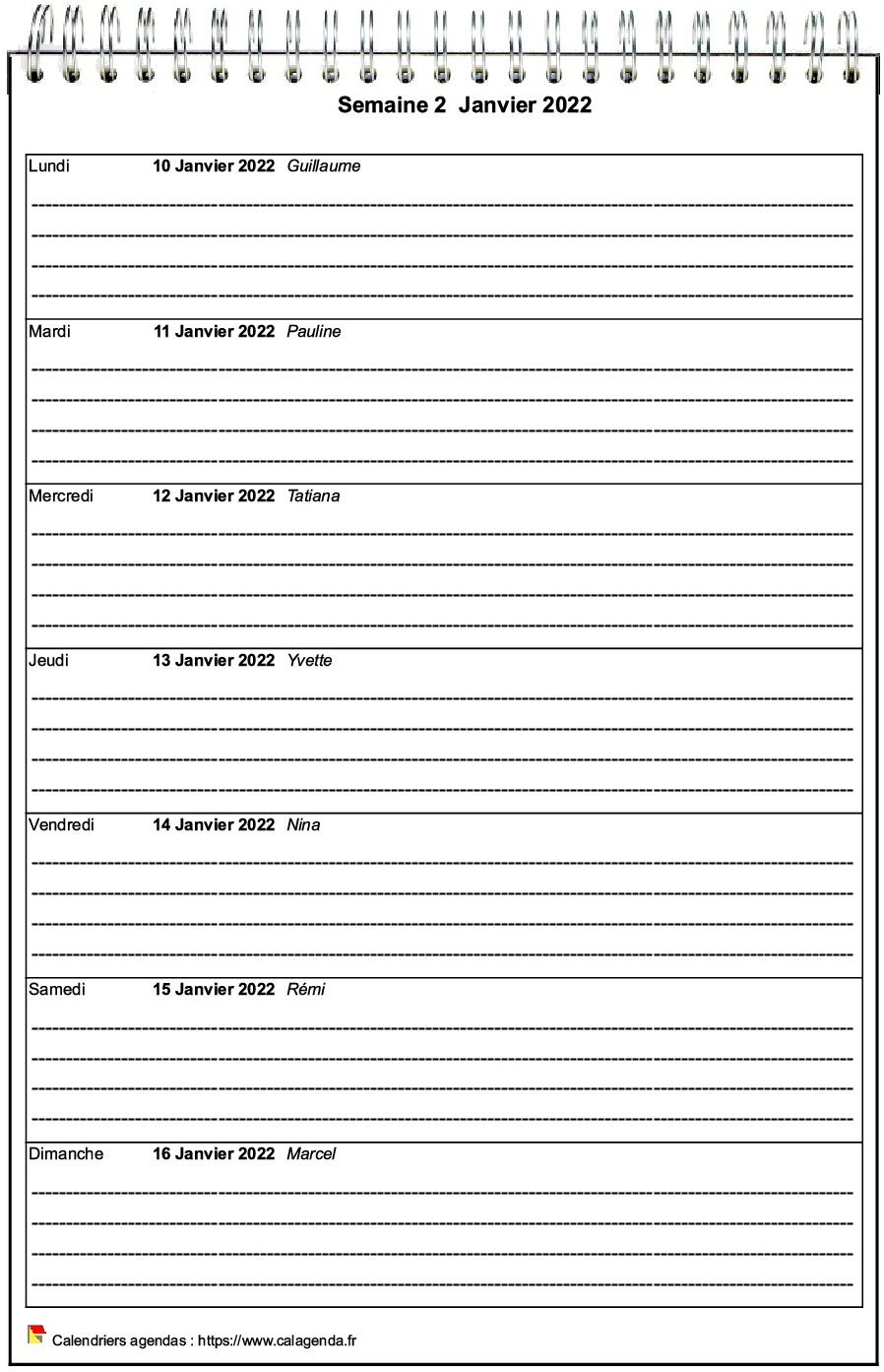 Calendrier hebdomadaire à imprimer de format portrait