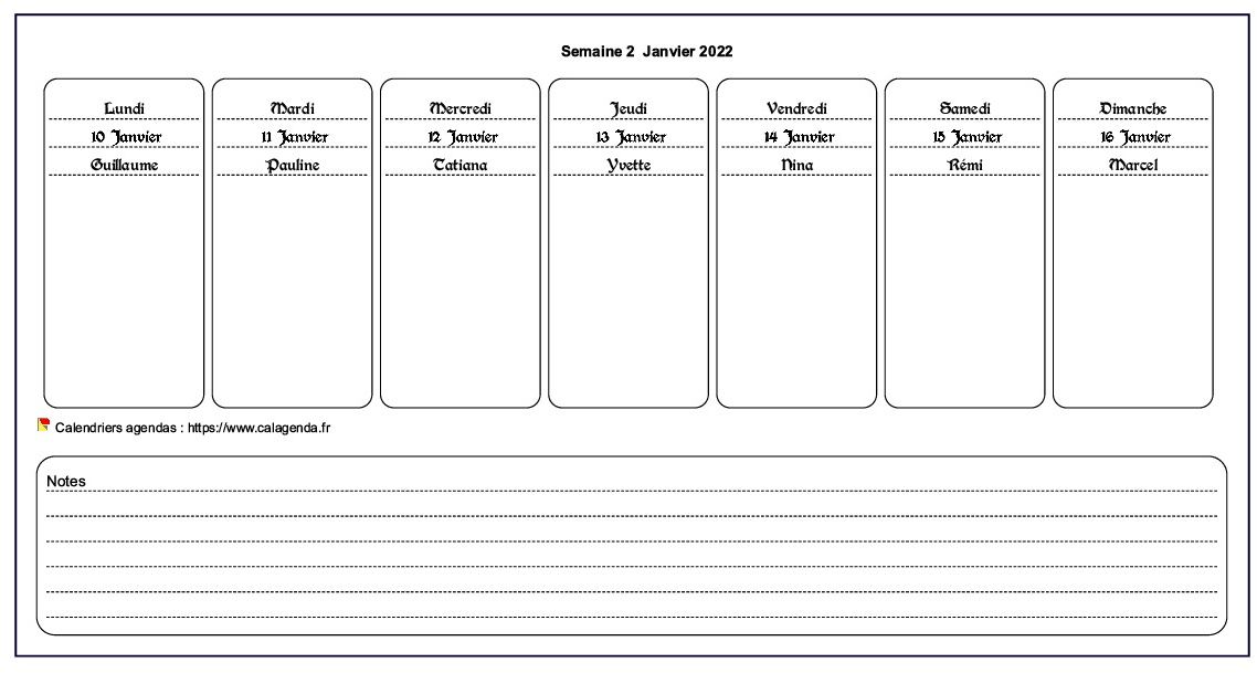 Calendrier hebdomadaire à imprimer de format paysage avec notes en bas de page Calendrier hebdomadaire à imprimer de format paysage avec notes en bas de page