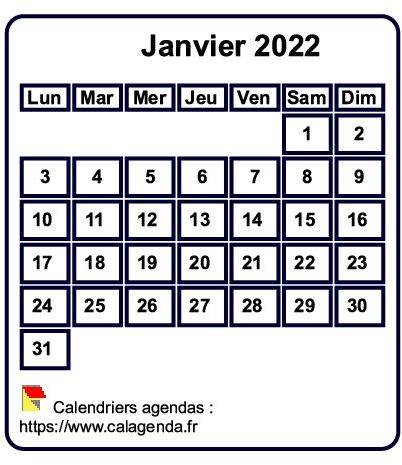 Calendrier mensuel 2022 à imprimer, fond blanc, taille mini