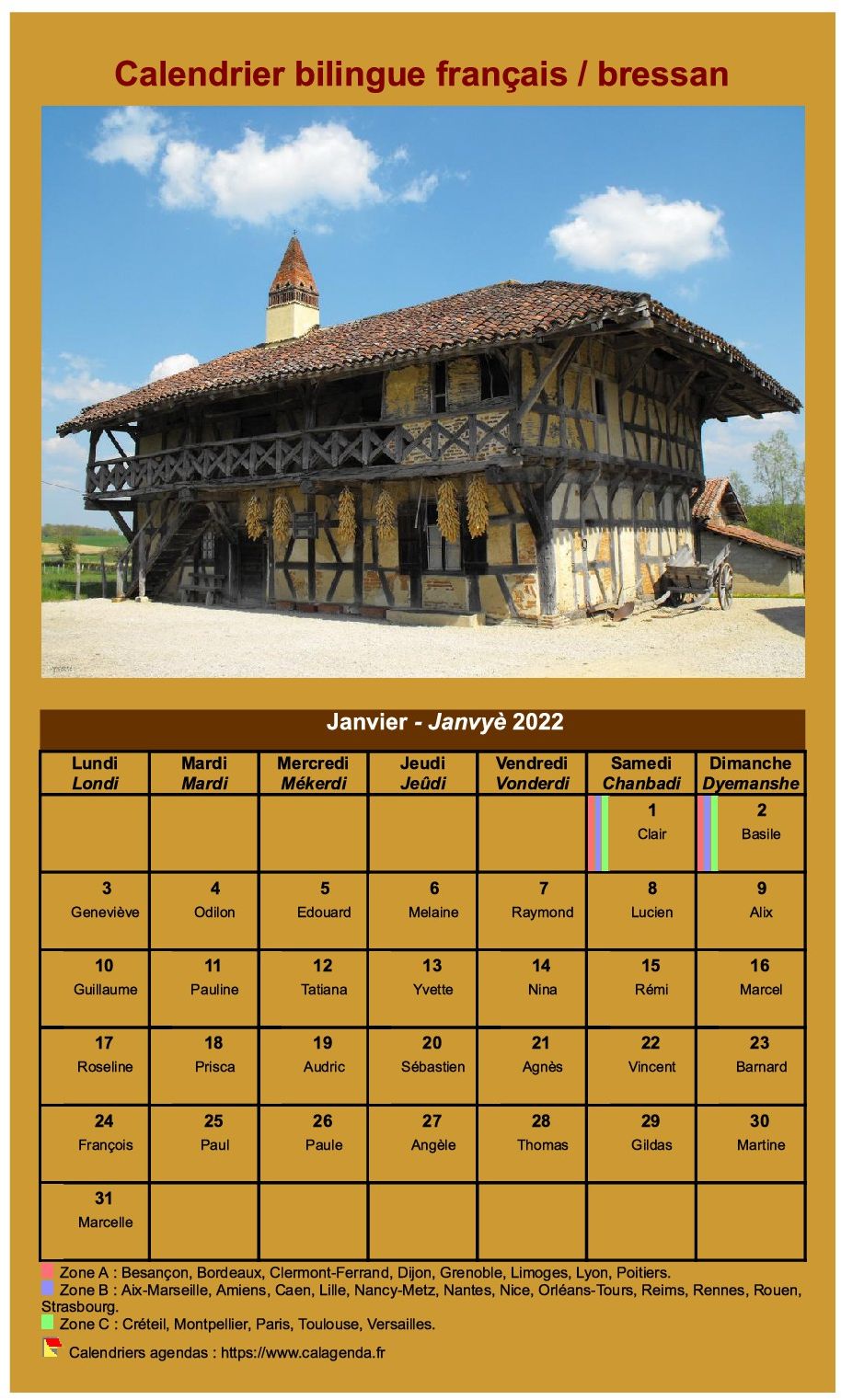 Calendrier mensuel 2022 en patois bressan Calendrier mensuel 2022 en patois bressan