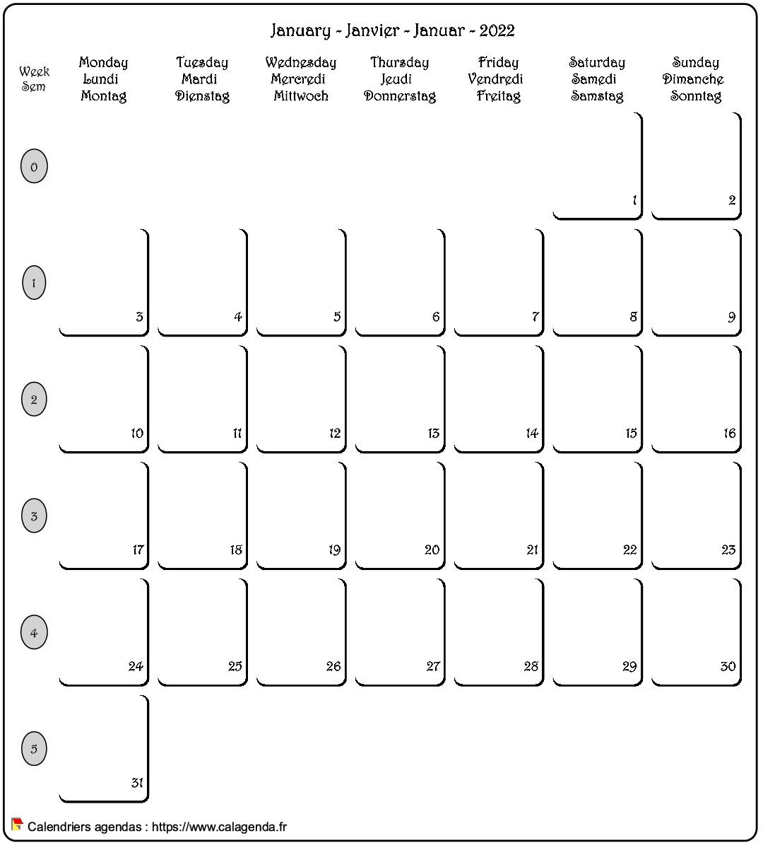 Calendrier mensuel 2022 français / anglais / allemand.