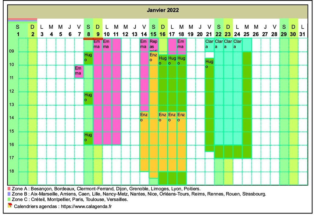Calendrier planning horizontal mensuel avec la grille des horaires