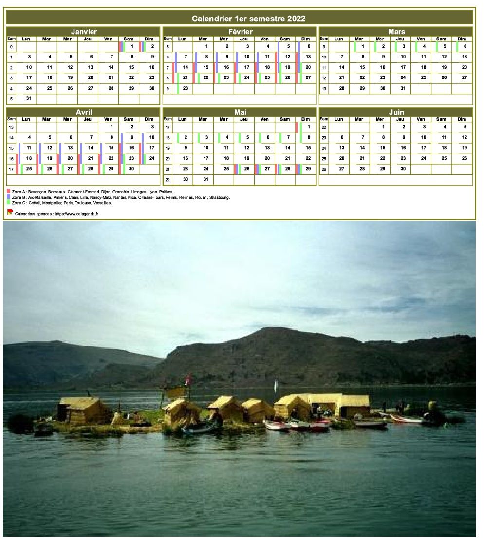 Modèle par défaut du calendrier agenda semestriel, 3 colonnes, un trimestre par ligne